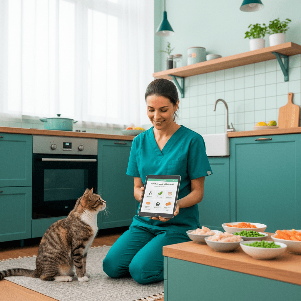 } A high-quality, photorealistic image of a healthy domestic cat sitting calmly while a personalized meal plan is being prepared. A veterinarian or pet nutrition specialist is gently observing the cat, with visual elements suggesting customization: a clipboard or tablet showing a tailored meal plan, icons representing health condition, physical needs, and taste preferences. Simple, budget-friendly cat food ingredients like chicken, rice, and vegetables are neatly arranged in separate bowls. Clean, modern home interior with a warm and caring atmosphere. Bright, soft, evenly diffused lighting, minimal shadows. Contemporary aesthetic with teal and turquoise accents, warm natural wood tones, and white highlights. The mood is professional, trustworthy, and compassionate, conveying a fully customized cat nutrition plan. Ultra realistic, sharp focus, high detail, 4K, commercial stock photography style, balanced composition, clean space for Persian text overlay.