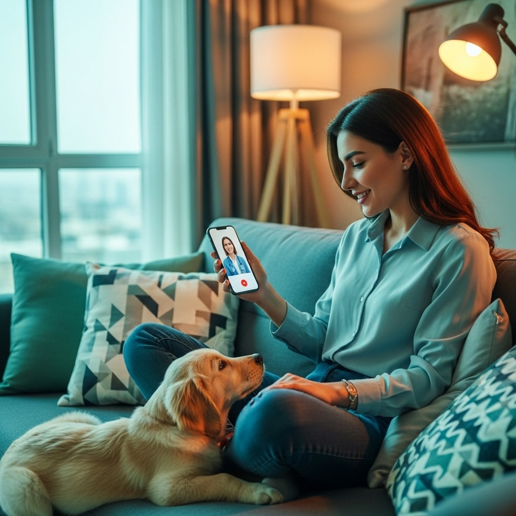 A modern digital-style hero image showing a pet owner using a smartphone to contact an online vet, pet sitting beside them, soft blue and green tones, cozy home environment, warm lighting, friendly and professional mood